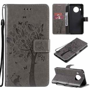 For Nokia X10 Tree & Cat Pattern Pressed Printing Horizontal Flip PU Leather Case with Holder & Card Slots & Wallet & Lanyard(Gray)
