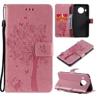 For Nokia X10 Tree & Cat Pattern Pressed Printing Horizontal Flip PU Leather Case with Holder & Card Slots & Wallet & Lanyard(Pink)