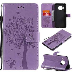 For Nokia X10 Tree & Cat Pattern Pressed Printing Horizontal Flip PU Leather Case with Holder & Card Slots & Wallet & Lanyard(Lavender)