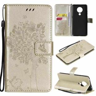 For Nokia 5.3 Tree & Cat Pattern Pressed Printing Horizontal Flip PU Leather Case with Holder & Card Slots & Wallet & Lanyard(Gold)