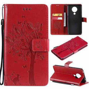 For Nokia 5.3 Tree & Cat Pattern Pressed Printing Horizontal Flip PU Leather Case with Holder & Card Slots & Wallet & Lanyard(Red)