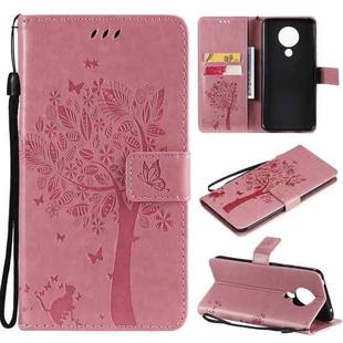 For Nokia 5.3 Tree & Cat Pattern Pressed Printing Horizontal Flip PU Leather Case with Holder & Card Slots & Wallet & Lanyard(Pink)