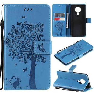 For Nokia 5.3 Tree & Cat Pattern Pressed Printing Horizontal Flip PU Leather Case with Holder & Card Slots & Wallet & Lanyard(Blue)