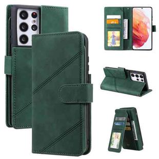 For Samsung Galaxy S21 Ultra 5G Skin Feel Business Horizontal Flip PU Leather Case with Holder & Multi-Card Slots & Wallet & Lanyard & Photo Frame(Green)