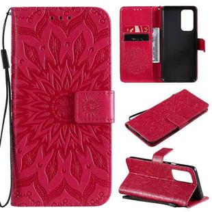 For OnePlus 9 Pro Sun Embossing Pattern Horizontal Flip Leather Case with Card Slot & Holder & Wallet & Lanyard(Red)