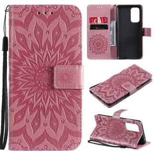 For OnePlus 9 Sun Embossing Pattern Horizontal Flip Leather Case with Card Slot & Holder & Wallet & Lanyard(Pink)