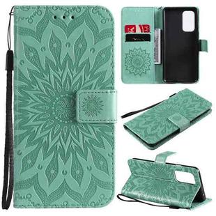 For OnePlus 9 Sun Embossing Pattern Horizontal Flip Leather Case with Card Slot & Holder & Wallet & Lanyard(Green)