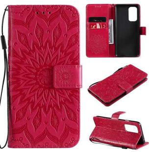 For OnePlus 9 Sun Embossing Pattern Horizontal Flip Leather Case with Card Slot & Holder & Wallet & Lanyard(Red)