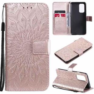 For OnePlus 9 Sun Embossing Pattern Horizontal Flip Leather Case with Card Slot & Holder & Wallet & Lanyard(Rose Gold)