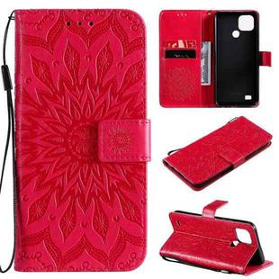For OPPO Realme C20 / C21 Sun Embossing Pattern Horizontal Flip Leather Case with Card Slot & Holder & Wallet & Lanyard(Red)