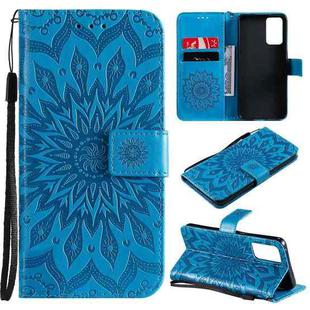 For OPPO Reno6 5G Sun Embossing Pattern Horizontal Flip Leather Case with Card Slot & Holder & Wallet & Lanyard(Blue)