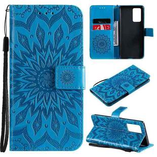 For OPPO Reno6 Pro 5G Sun Embossing Pattern Horizontal Flip Leather Case with Card Slot & Holder & Wallet & Lanyard(Blue)