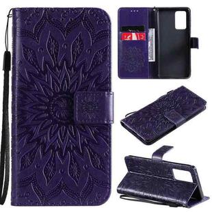For OPPO Reno6 Pro 5G Sun Embossing Pattern Horizontal Flip Leather Case with Card Slot & Holder & Wallet & Lanyard(Purple)