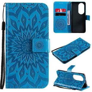 For Huawei P50 Pro Sun Embossing Pattern Horizontal Flip Leather Case with Card Slot & Holder & Wallet & Lanyard(Blue)