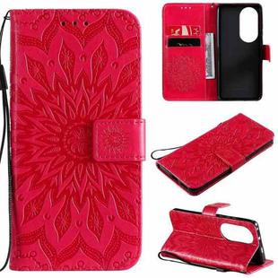 For Huawei P50 Pro Sun Embossing Pattern Horizontal Flip Leather Case with Card Slot & Holder & Wallet & Lanyard(Red)
