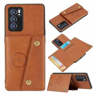 For OPPO Reno6 Pro 5G Double Buckle PU + TPU Shockproof Magnetic Protective Case with Card Slot & Holder(Light Brown)