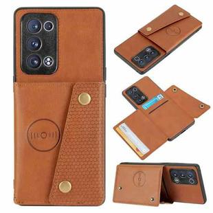 For OPPO Reno6 Pro+ 5G Double Buckle PU + TPU Shockproof Magnetic Protective Case with Card Slot & Holder(Light Brown)