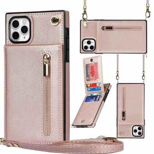 For iPhone 11 Pro Max Cross-body Zipper Square TPU+PU Back Cover Case with Holder & Card Slots & Wallet & Strap (Rose Gold)