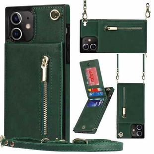 For iPhone 12 / 12 Pro Cross-body Zipper Square TPU+PU Back Cover Case with Holder & Card Slots & Wallet & Strap(Green)