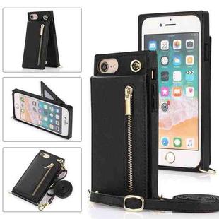 For iPhone SE 2022 / SE 2020 / 8 / 7 Cross-body Zipper Square TPU+PU Back Cover Case with Holder & Card Slots & Wallet & Strap(Black)