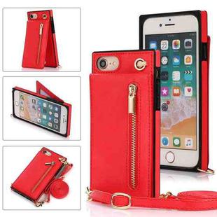 For iPhone SE 2022 / SE 2020 / 8 / 7 Cross-body Zipper Square TPU+PU Back Cover Case with Holder & Card Slots & Wallet & Strap(Red)