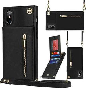 For iPhone X / XS Cross-body Zipper Square TPU+PU Back Cover Case with Holder & Card Slots & Wallet & Strap(Black)