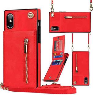 For iPhone X / XS Cross-body Zipper Square TPU+PU Back Cover Case with Holder & Card Slots & Wallet & Strap(Red)