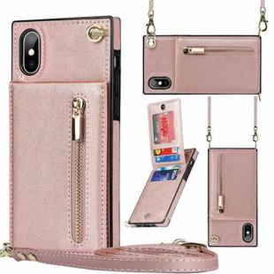 For iPhone X / XS Cross-body Zipper Square TPU+PU Back Cover Case with Holder & Card Slots & Wallet & Strap(Rose Gold)
