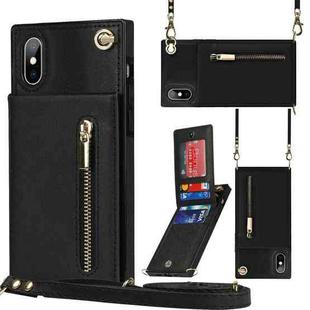 For iPhone XS Max Cross-body Zipper Square TPU+PU Back Cover Case with Holder & Card Slots & Wallet & Strap(Black)
