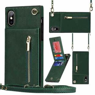 For iPhone XS Max Cross-body Zipper Square TPU+PU Back Cover Case with Holder & Card Slots & Wallet & Strap(Green)