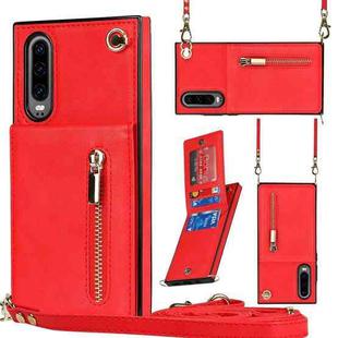 For Huawei P30 Cross-body Zipper Square TPU+PU Back Cover Case with Holder & Card Slots & Wallet & Strap(Red)