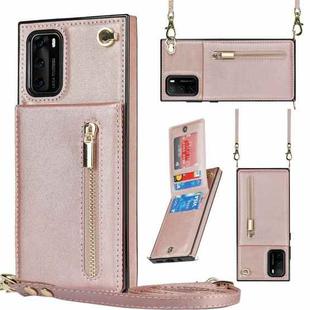 For Huawei P40 Cross-body Zipper Square TPU+PU Back Cover Case with Holder & Card Slots & Wallet & Strap(Rose Gold)