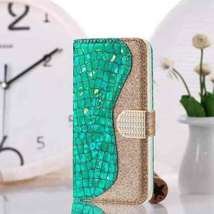 For iPhone 13 Pro Laser Glitter Powder Matching Crocodile Texture Horizontal Flip Leather Case with Card Slots & Holder & Wallet (Green)
