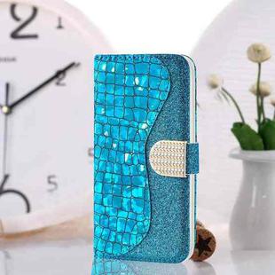 For iPhone 13 Pro Laser Glitter Powder Matching Crocodile Texture Horizontal Flip Leather Case with Card Slots & Holder & Wallet (Blue)