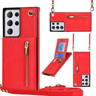 For Samsung Galaxy S21 Ultra 5G Cross-body Zipper Square TPU+PU Back Cover Case with Holder & Card Slots & Wallet & Strap(Red)