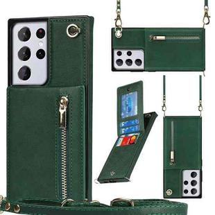 For Samsung Galaxy S21 Ultra 5G Cross-body Zipper Square TPU+PU Back Cover Case with Holder & Card Slots & Wallet & Strap(Green)