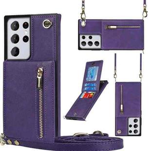 For Samsung Galaxy S21 Ultra 5G Cross-body Zipper Square TPU+PU Back Cover Case with Holder & Card Slots & Wallet & Strap(Purple)