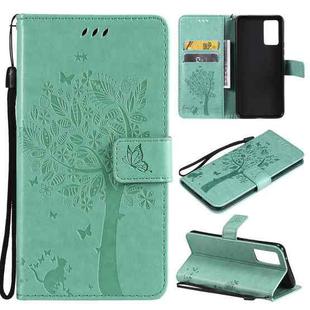 For vivo V21 Tree & Cat Embossing Pattern Horizontal Flip PU Leather Case with Holder & Card Slots & Wallet & Lanyard(Green)