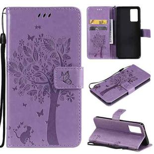 For vivo V21 Tree & Cat Embossing Pattern Horizontal Flip PU Leather Case with Holder & Card Slots & Wallet & Lanyard(Light Purple)