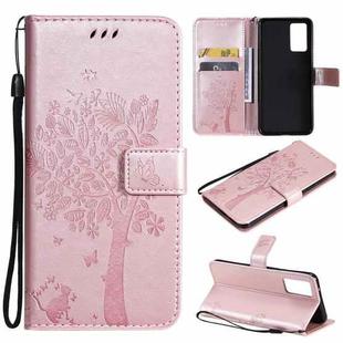 For vivo V21 Tree & Cat Embossing Pattern Horizontal Flip PU Leather Case with Holder & Card Slots & Wallet & Lanyard(Rose Gold)