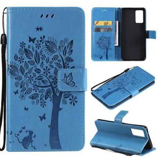 For vivo V21 Tree & Cat Embossing Pattern Horizontal Flip PU Leather Case with Holder & Card Slots & Wallet & Lanyard(Blue)