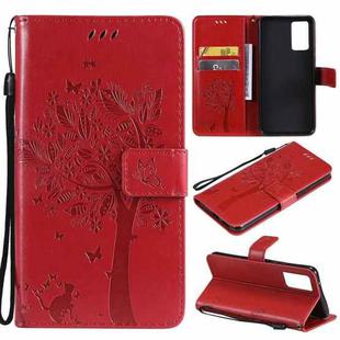 For vivo V21 Tree & Cat Embossing Pattern Horizontal Flip PU Leather Case with Holder & Card Slots & Wallet & Lanyard(Red)