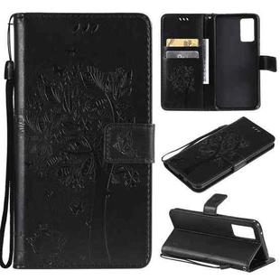 For vivo V21 Tree & Cat Embossing Pattern Horizontal Flip PU Leather Case with Holder & Card Slots & Wallet & Lanyard(Black)