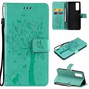 For vivo Y72 5G / iQOO Z3 Tree & Cat Embossing Pattern Horizontal Flip PU Leather Case with Holder & Card Slots & Wallet & Lanyard(Green)