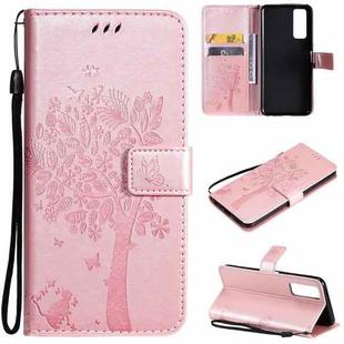 For vivo Y72 5G / iQOO Z3 Tree & Cat Embossing Pattern Horizontal Flip PU Leather Case with Holder & Card Slots & Wallet & Lanyard(Rose Gold)