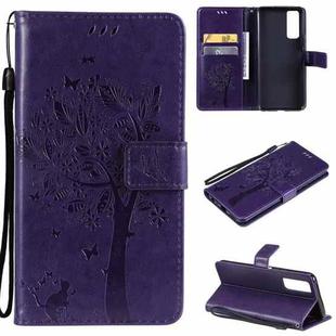 For vivo Y72 5G / iQOO Z3 Tree & Cat Embossing Pattern Horizontal Flip PU Leather Case with Holder & Card Slots & Wallet & Lanyard(Purple)