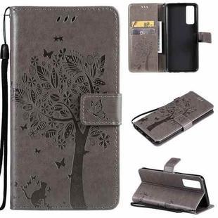 For vivo Y72 5G / iQOO Z3 Tree & Cat Embossing Pattern Horizontal Flip PU Leather Case with Holder & Card Slots & Wallet & Lanyard(Gray)