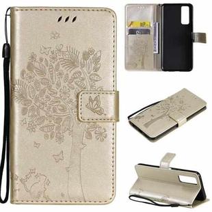 For vivo Y72 5G / iQOO Z3 Tree & Cat Embossing Pattern Horizontal Flip PU Leather Case with Holder & Card Slots & Wallet & Lanyard(Gold)