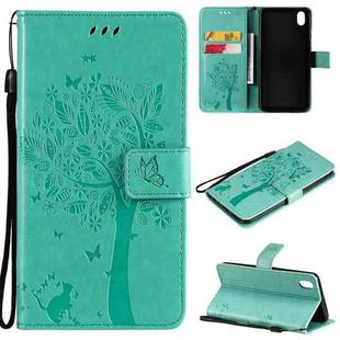 For vivo Y1s / Y90 / Y91C Tree & Cat Embossing Pattern Horizontal Flip PU Leather Case with Holder & Card Slots & Wallet & Lanyard(Green)