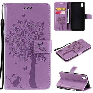 For vivo Y1s / Y90 / Y91C Tree & Cat Embossing Pattern Horizontal Flip PU Leather Case with Holder & Card Slots & Wallet & Lanyard(Light Purple)